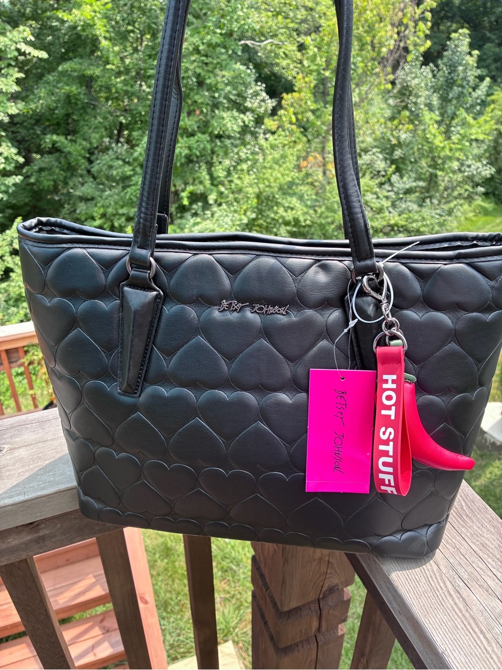 Betsey Johnson Black Quilted Heart Tote with Pink Tag and Red Charm
